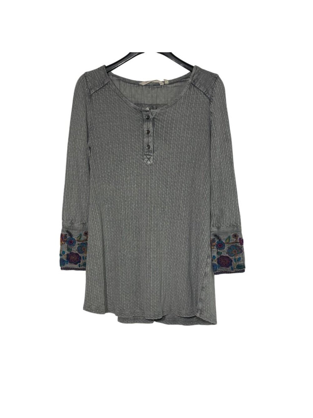 Soft Surroundings Palmer Thermal Embroidered Cuff Henley Waffle Knit Sz MED Boho